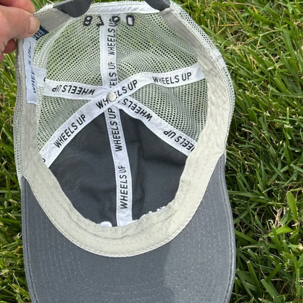 Wheels Up Trucker Hat Gray White Mesh Back American Flag Aviation Cap Adjustable